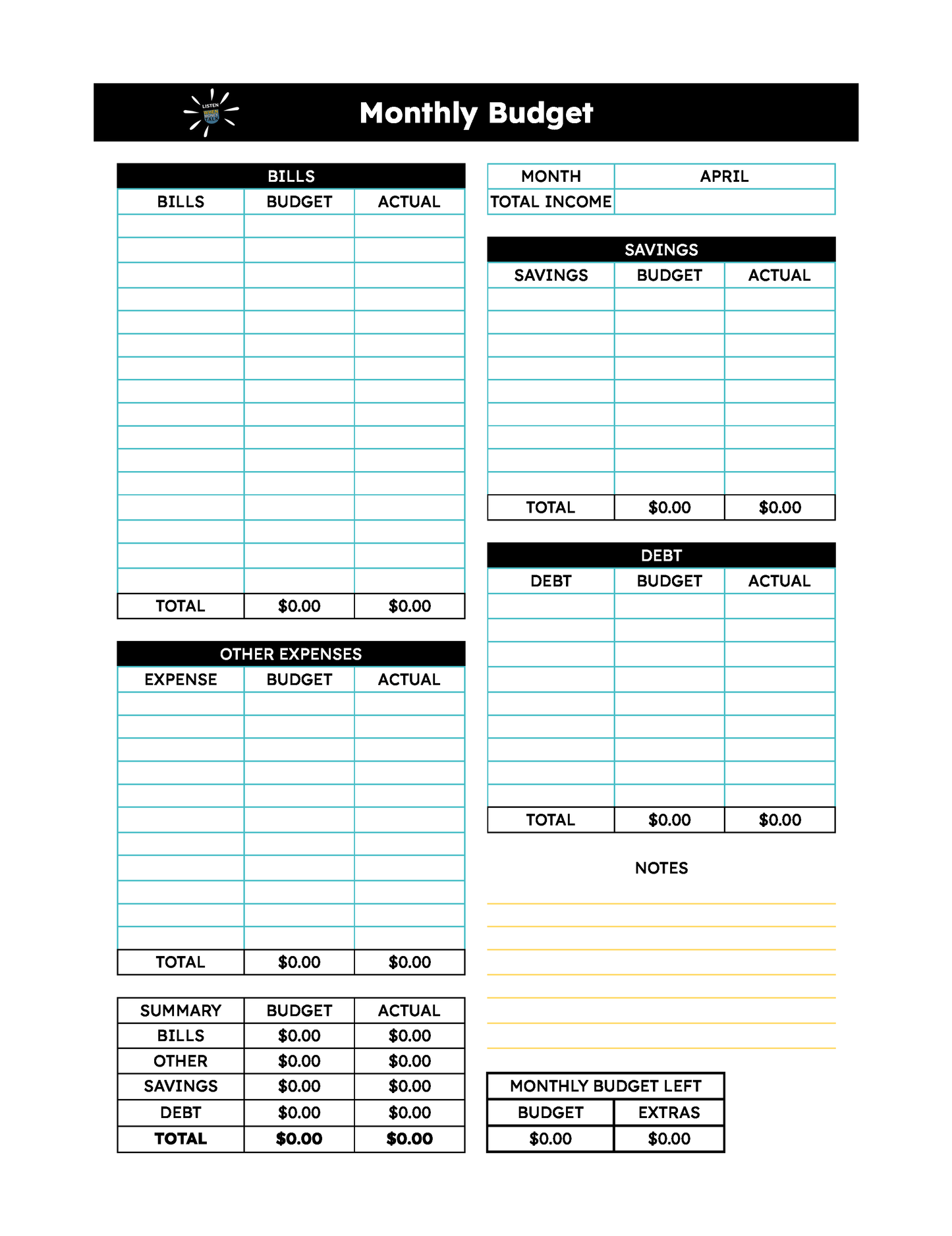 LISTEN WHEN MONEY TALKS - MONTHLY BUDGET SHEET